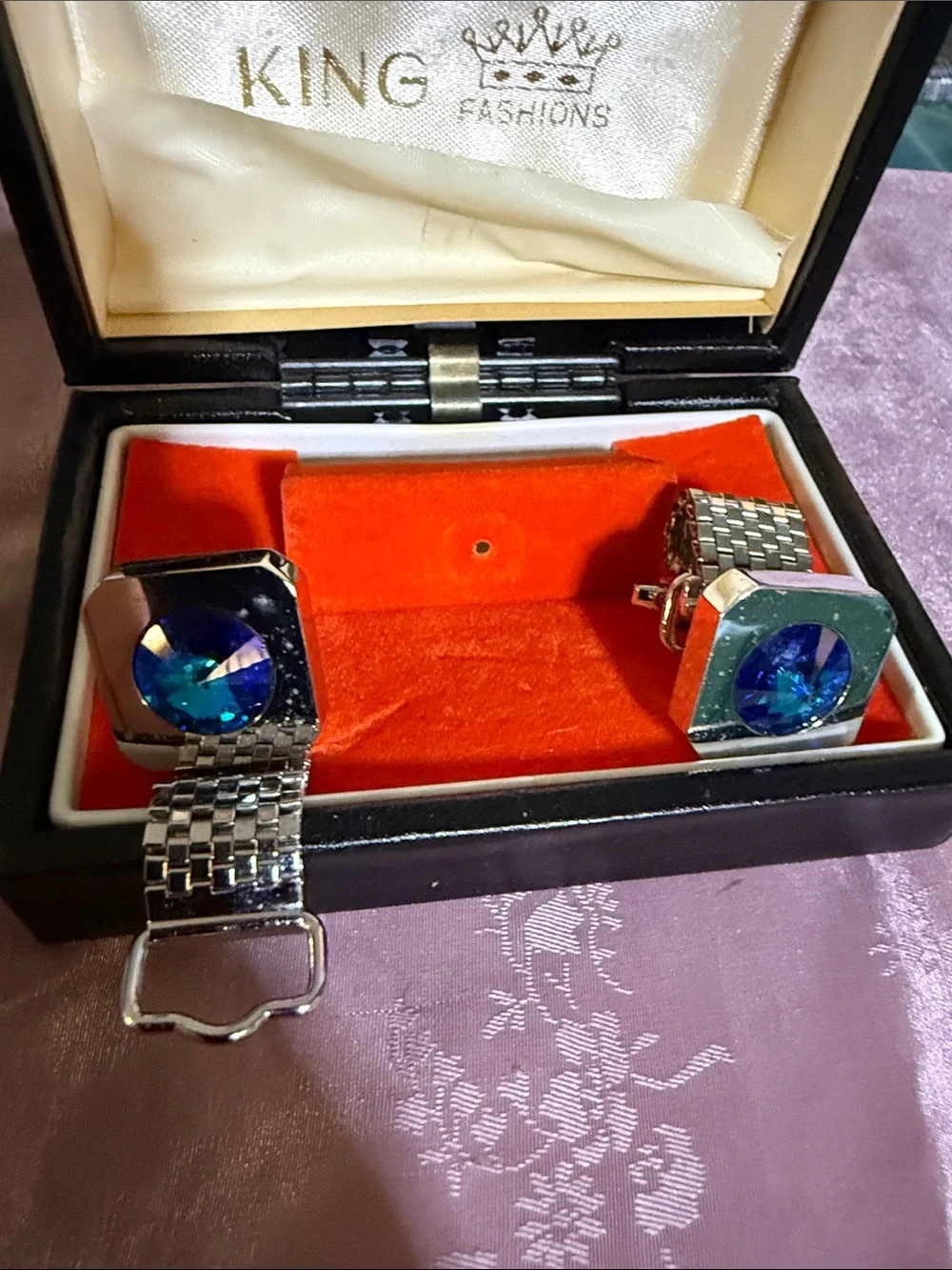 Men's Silver Cufflinks and Tie Clip Set with Blue Crystal
